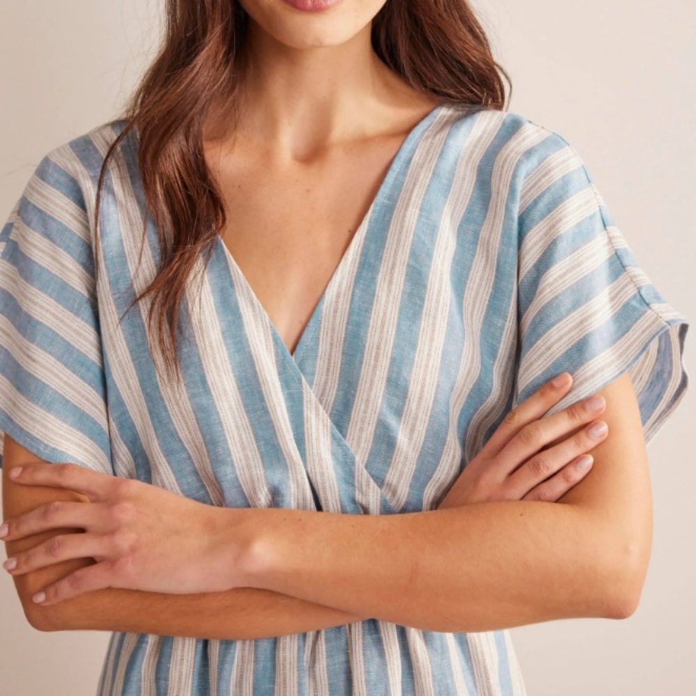 Boden Women’s Linen Kaftan Dress in Porcelain Blue Lurex Stipe - Picture 3 of 11